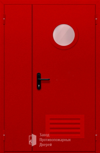 Фото двери «Полуторная с круглым стеклом и решеткой (красная)» в Ступино